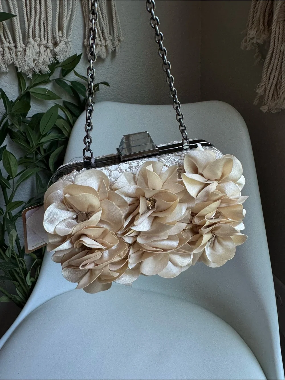 Aria by Mary Frances Ivory Floral Lace Clutch 3D Flowers Bridal Evening Bag NWT